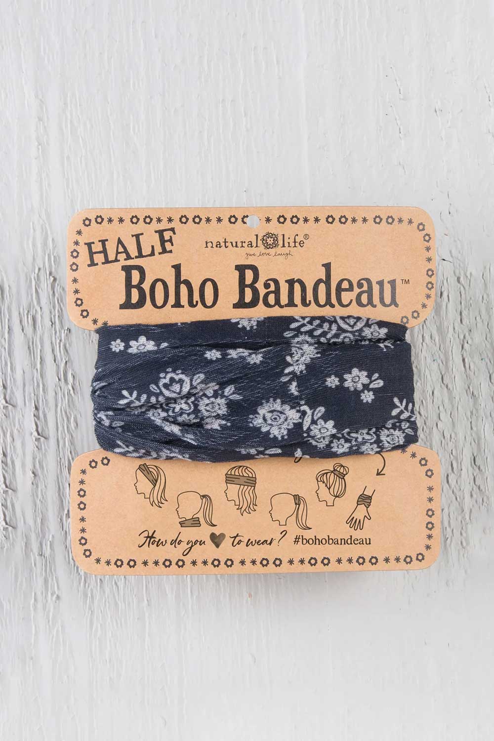 Natural Life Half Boho Bandeau Headband in Black Cream Floral   BBW038