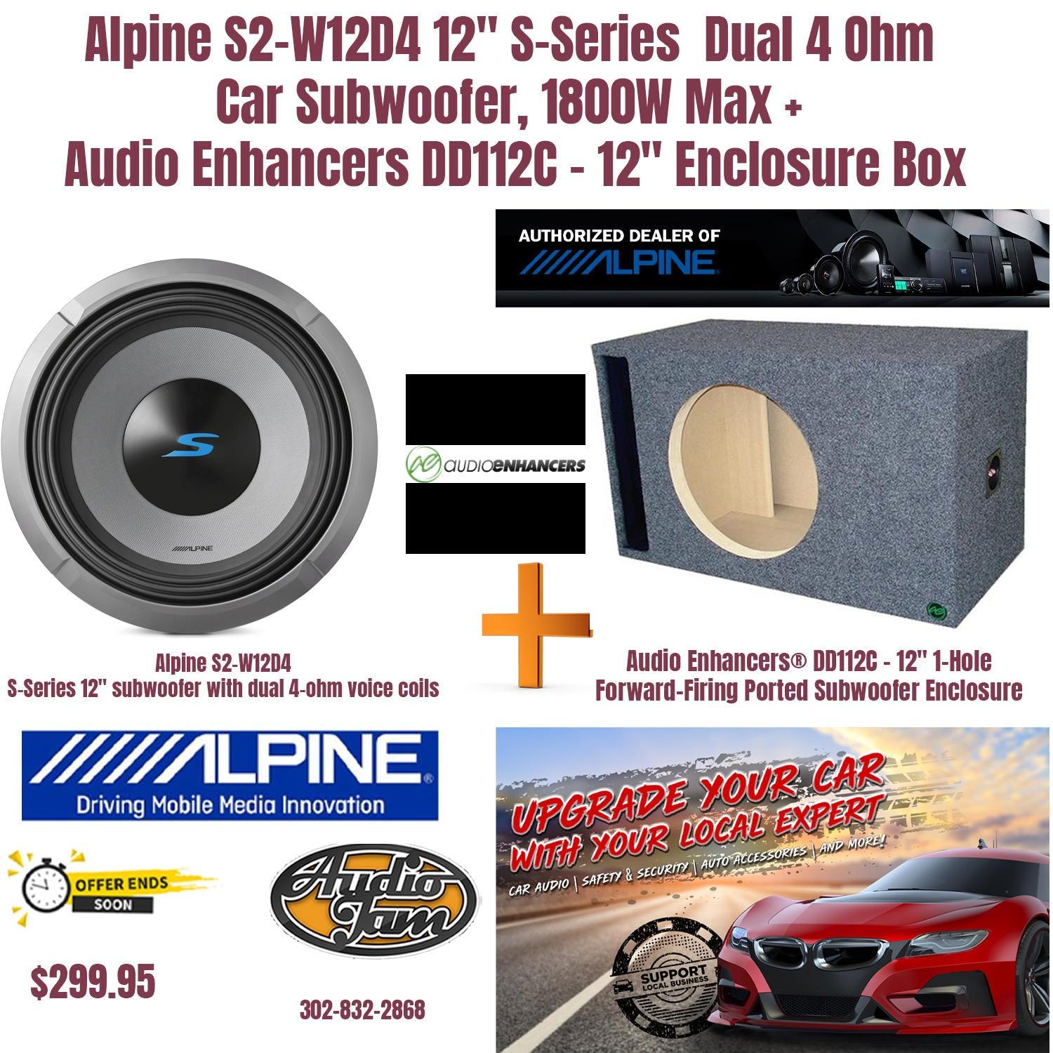 Alpine S2 W12D4 12" S Series Dual 4 Ohm Car Subwoofer, 1800W Max + Audio Enhancers DD112C   12" Enclosure Box