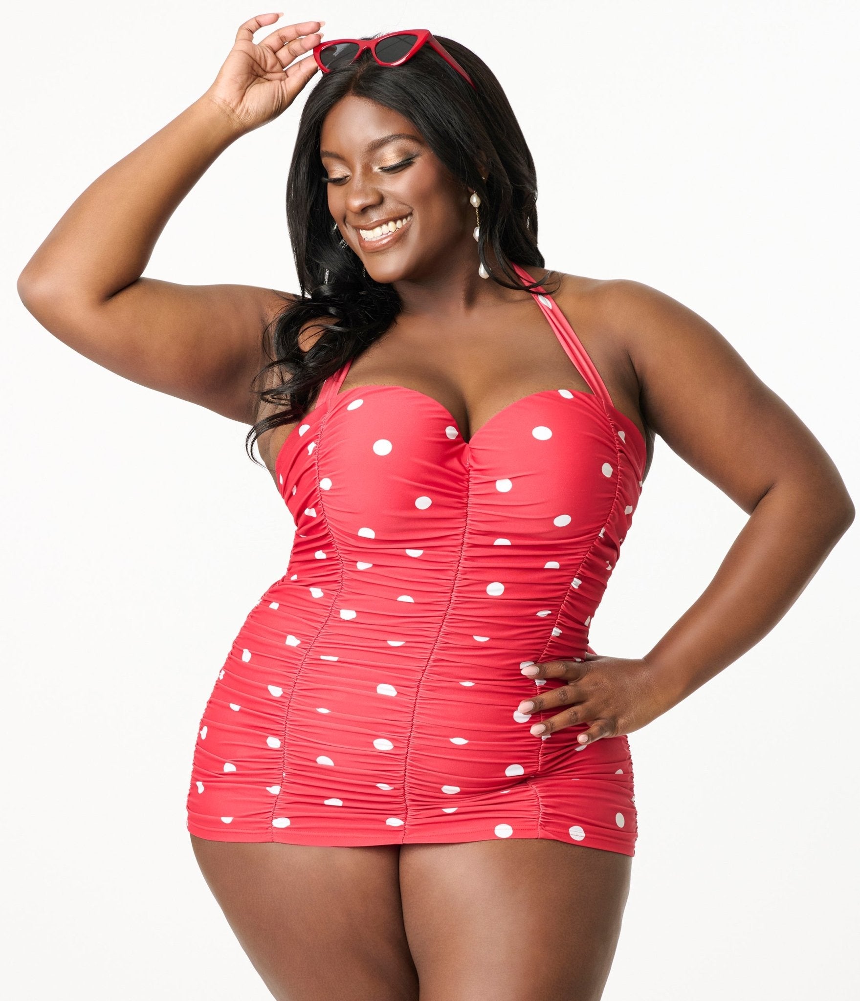 Unique Vintage Plus Size Red & White Polka Dot Mansfield Halter One Piece Swimsuit