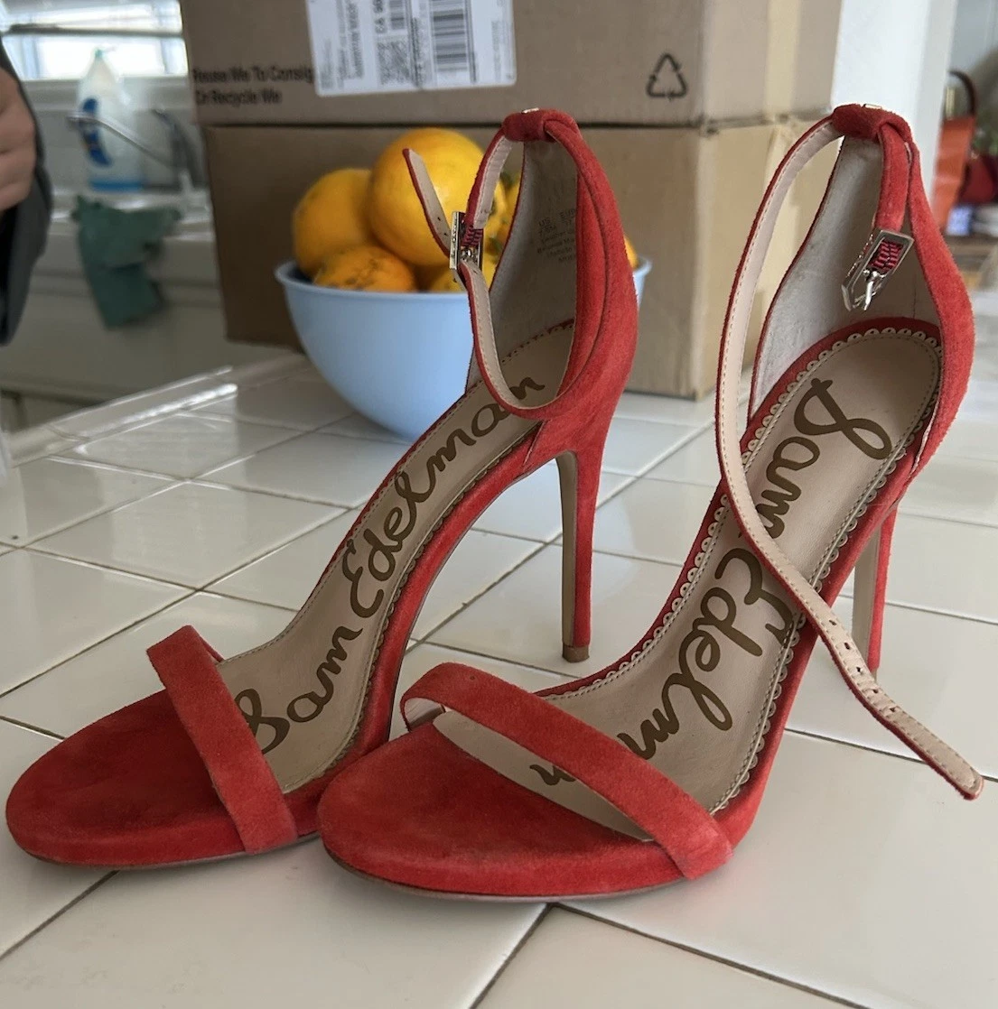 Sam Edelman Red ARIELLA Ankle Strap Suede Leather Stiletto Heel 7.5 M  37.5 EU