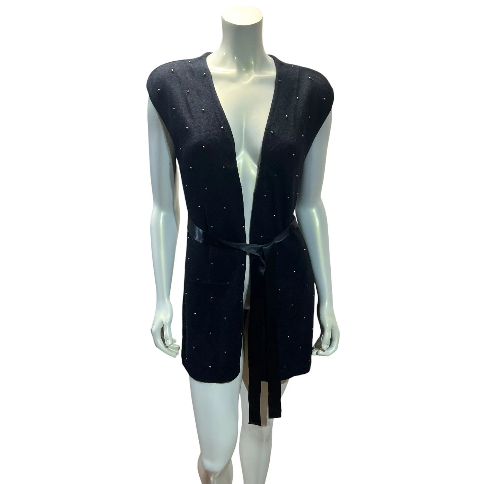 H&M Black Beaded Sleeveless Cardigan Vest with Sash Medium NWT