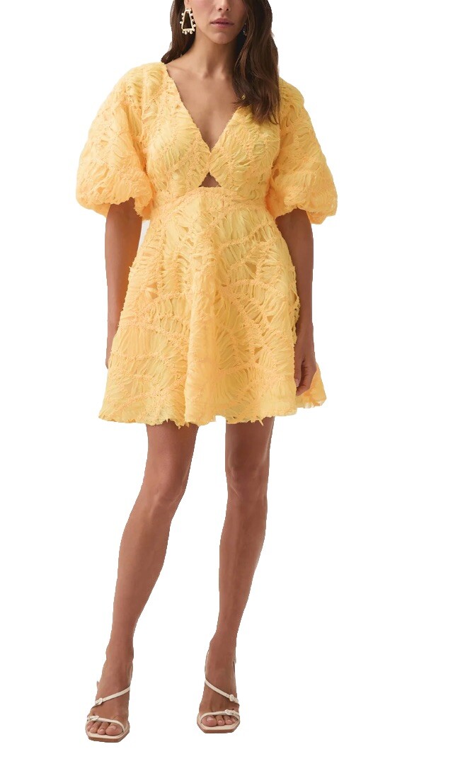 Aje Florential Textured Mini Swing Dress Soft Yellow Size 8 AU UK 4 US