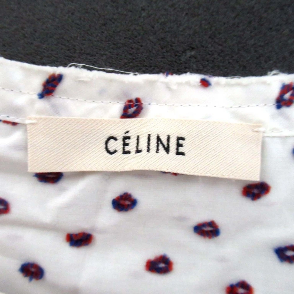 CELINE Phoebe Dot Pattern Embroidered NoCollar Shirt Size 42 White U