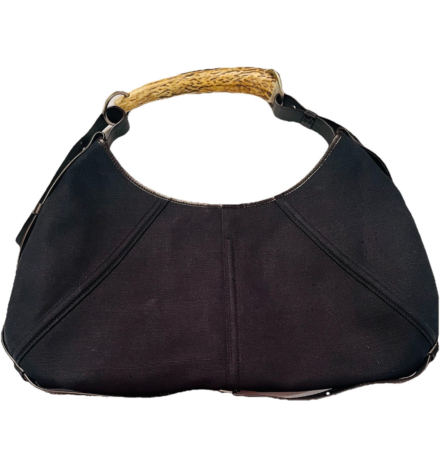 SAINT LAURENT (YSL) Borsa a tracolla Yves Saint Laurent YSL in tela nera con corno di mombasa