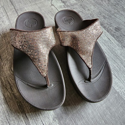 Fitflop LuLu Brown Sparkle Sequin 639 012 Thong Sandals Women's 7