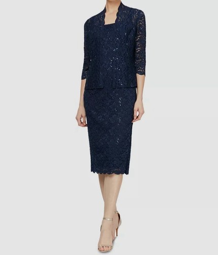 Alex Evenings Women's Blue Lace Jacket & Midi Dress Set Petite Size 14P