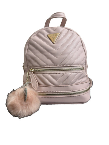 GUESS Mini Backpack Purse – Light Pink Quilted Faux Leather – G Pom Pom Charm