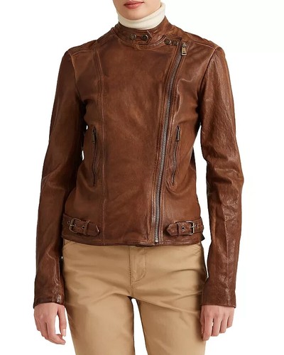 Lauren Ralph Lauren V4906 Walnut Burnished Leather Moto Jacket Womens Size 18