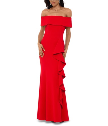 Betsy & Adam Womens Cascade Gown Off Shoulder Dress  Red  Petite  12P