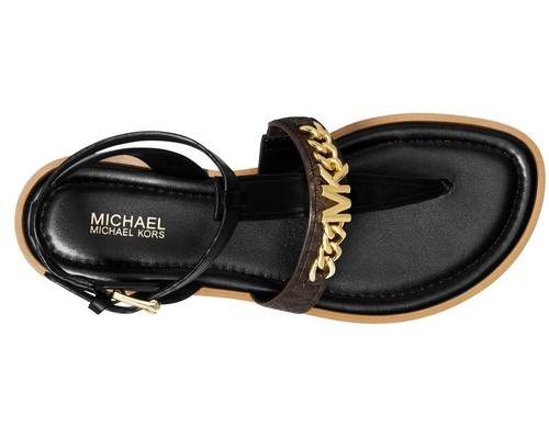BRANDBLACK NEW Size 5.5 Michael Kors Farrow Logo Thong Sandals Black Brown NIB