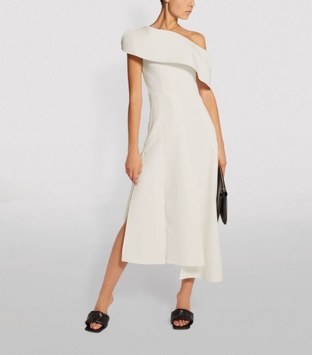A.W.A.K.E. MODE One Shoulder Assymetric Midi Dress Ivory White Button Accent NWT