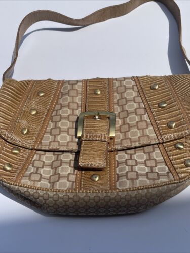 Vintage 90s Nine West Shoulder Bag Tan Faux Leather Studded Buckle