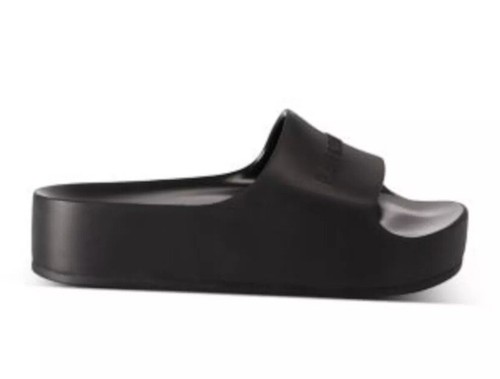 BRANDBLACK BALENCIAGA Womens Black Rubber Logo Chunky Platform Slides Sandals Sz 40