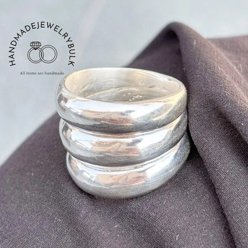 Triple Stack Silver Wide Statement Ring 925 Sterling Silver Dome Rings For Woman