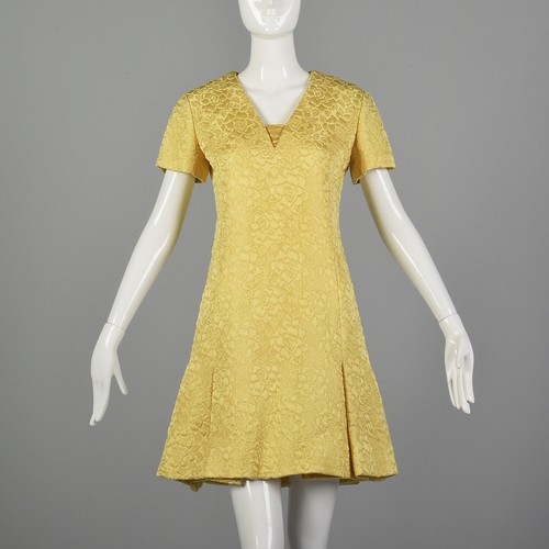 M Christian Dior Yellow Dress 1960s Designer Quilted Brocade Pleated Mod 60s VTG