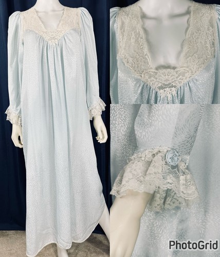 Christian Dior Nightgown Satin Brocade Lace Pearl Blue Vtg Neiman 40” Bust Small