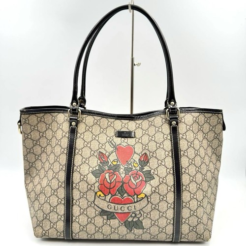 CHANEL Gucci GG Pattern Heart Flower PVC Leather Tote Bag Beige Brown Red Auth