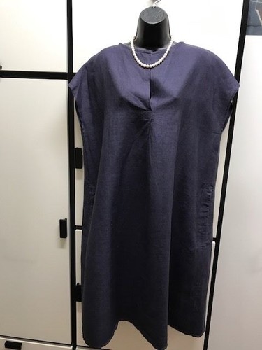 ESSENTIALS Veritecoeur Linen Draughtsman Dress Dark Indigo Blue Dolman Short Sleeve Pockets