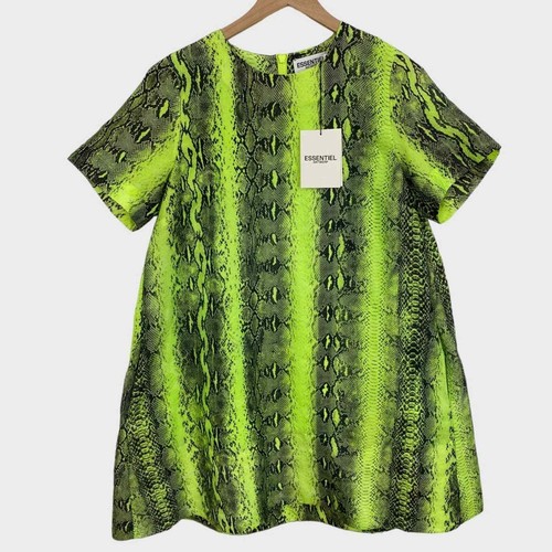 ESSENTIALS Essential Antwerp Neon Green + Black Snakeskin Print Damionet A line Dress NWT