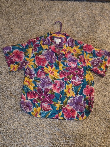 Christian Dior Vintage Hawaiian Floral Top Size 14 Form Fit Shoulder Pads