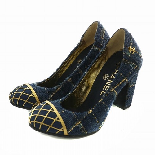 VEJA 【Sandali】CHANEL G27827 décolleté tweed punta tonda tacco grosso Coco Mark 34 21 cm blu navy