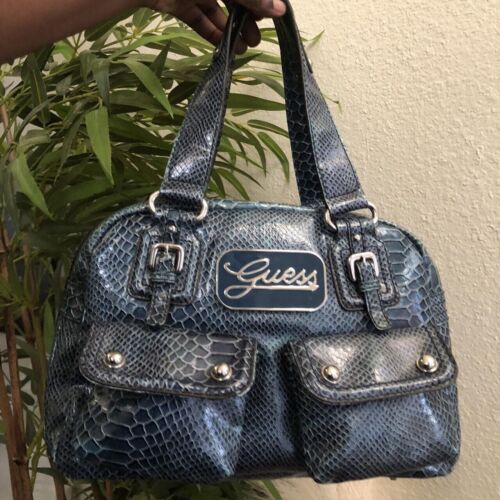 RARE Guess Y2K Vintage Blue Shoulder Bag Purse Early 2000 Monogram Leather Snake