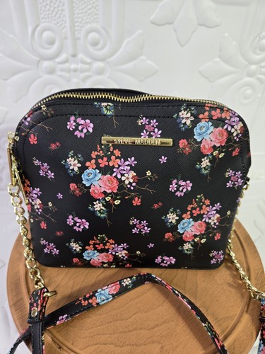 Steve Madden Black Floral Crossbody Purse With G Tone Chain Hardware