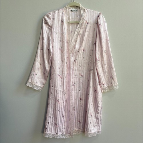 Christian Dior Vintage Floral Striped Robe Women's Small Pink Lace Trim Lingerie