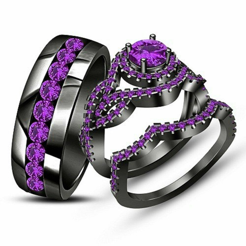 14K Black Gold Plated Simulated Amethyst Bridal Band Ring Trio Set For His & Her