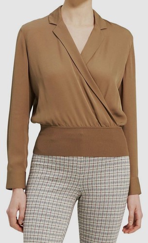 $395 Theory Women Brown Silk Wrapped Front Notched Collared Blo Top Size L