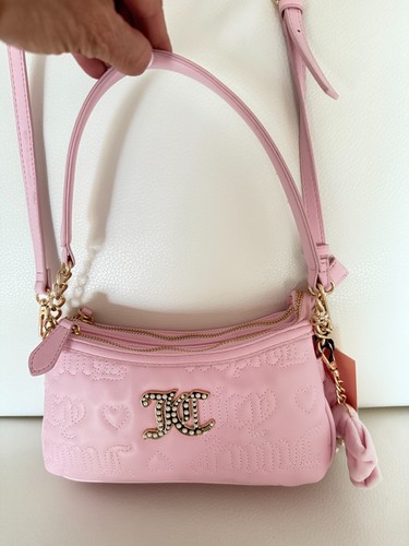 JUICY COUTURE LOVELY GIRL DOUBLE ZIP CROSSBODY BAG W BOW FAUX PEARL HEART CHARM