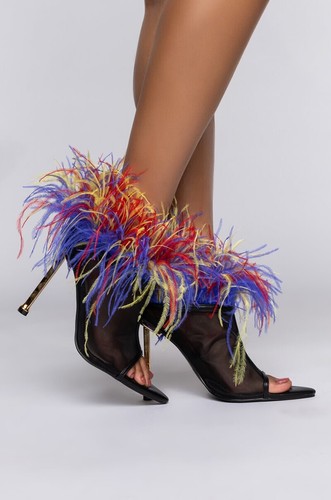 Azalea Wang Shake YOUR FEATHERS STILETTO BOOTIE MULTI Black Red Blue Yellow 6.5