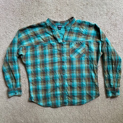 Patagonia Shirt Womens 12 Button Up Round Neck Plaid Organic Cotton Blue Green
