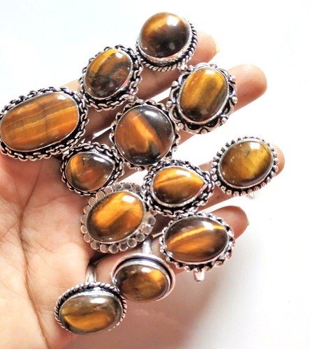 Sale Natural Tiger's Eye Gemstone 925 Sterling Silver Plated Wholesale Rings Lot