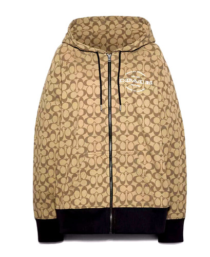 Coach Women's Khaki Black Signature Full Zip Hoodie (C8773) Size L   NWT