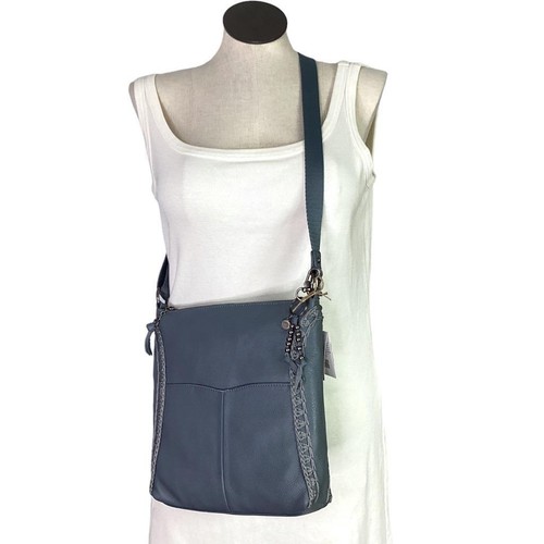 The Sak Crossbody Bag Blue Lucia Leather Zip Top Dusty Crochet Adjustable NEW
