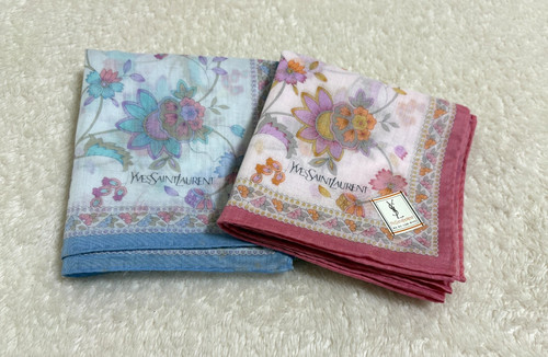 YSL Yves Saint Laurent Cotton Floral Cotton handkerchief Set 18in – Pink & Blue
