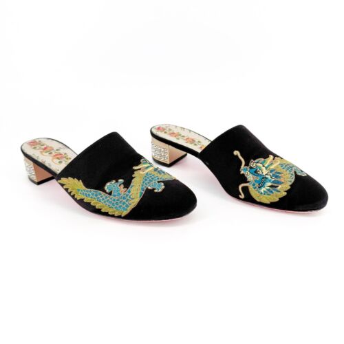 Gucci Drago Ricamato Candy Mules EU 37 US 7 Nero Raso Cristallo Blocco Tacco