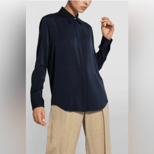 The Row Women's Navy Blue Silk Button Down Blo top 14