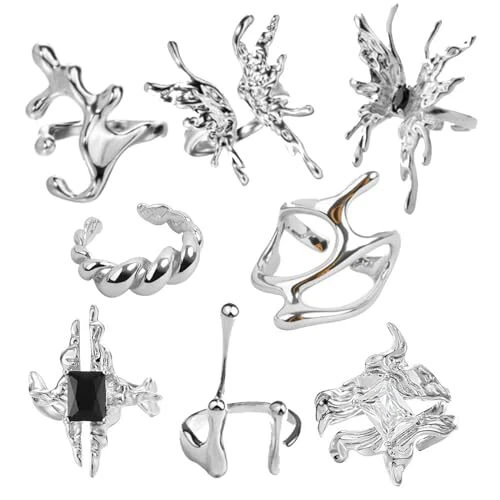 8 Pcs Vintage Silver Rings Sets Y2k Goth Coquette Grunge Chunky Stacking Rings