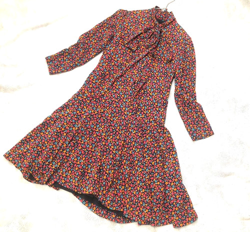 Vintage Christian Dior Bow Tie Flower Pattern Dress Silk 100 Long Sleeve U