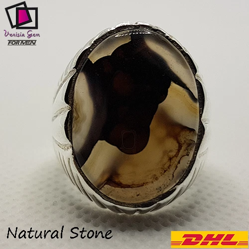 Ring 925 Sterling Silver Men Agate Aqeeq Stone Natural Yemeni Handmade عقيق يمني