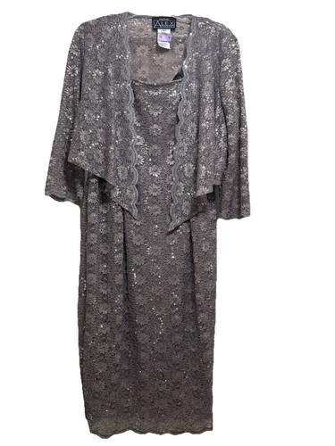 ALEX EVENINGS Alex Evening Size 14P Lavender Lace Sequined 2 Piece Jacket Dress 3 4 Slv EUC