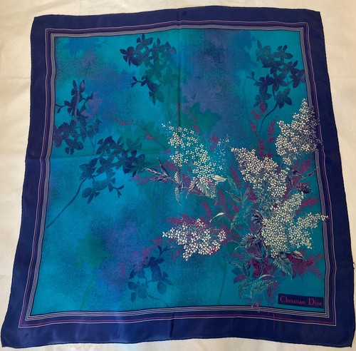 VTG Christian Dior Scarf 100% Silk Blue Floral Design 30 1 2”x 29”