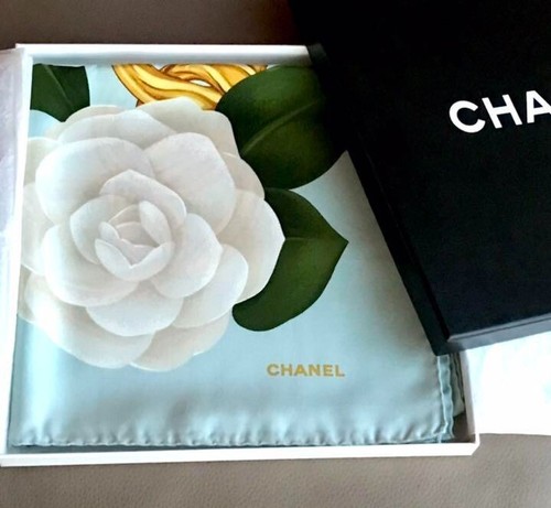 CHANEL Vintage Scarf Silk Camellia G Chain motif Pale BlueWith box 95×95cm