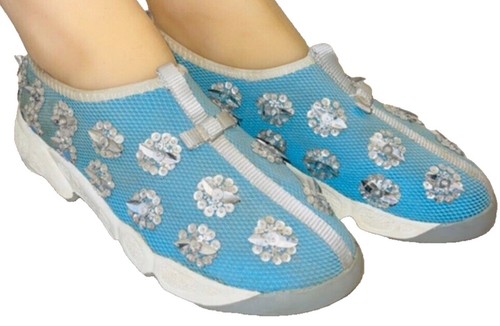 CHRISTIAN DIOR Blue Fusion Mesh Embellished Floral Sequin Sneakers SZ 37