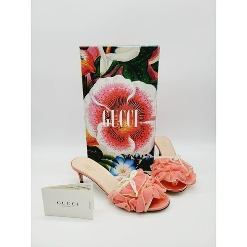 Gucci Soft Toulle Peach Pink Low Heel Slide Sandals Size 37.5