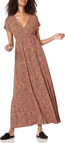 Essentials Women's V Neck Waisted Maxi Dress  Dark Camel Animal  XS