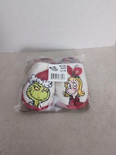 TKEES Pantofole Grinch LITTLE GIRLS SCUFF taglia 11 12 bianche Cindy Ho scarpe Lou MSY GG