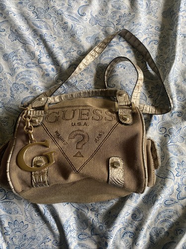Borsa a mano vintage Guess USA jeans lavati marrone tela borsa in tessuto Y2K